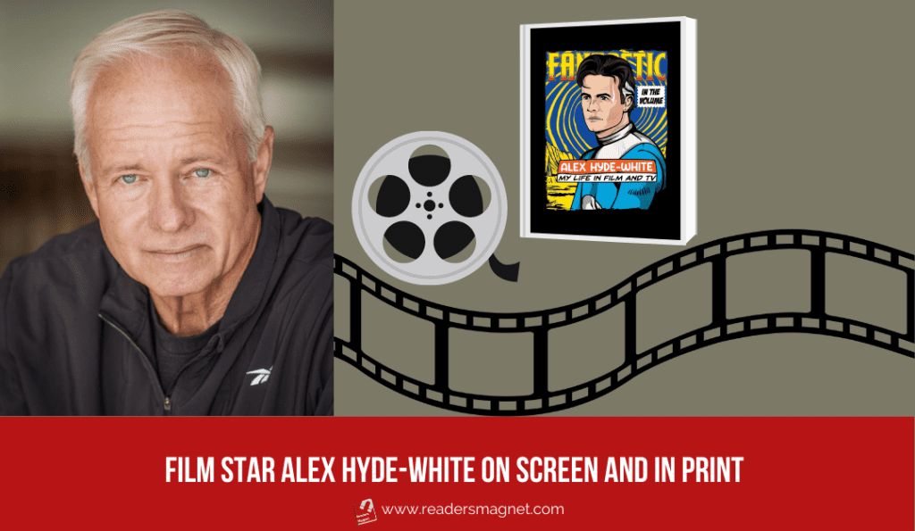 Alex Hyde-White photo with a film and book cover