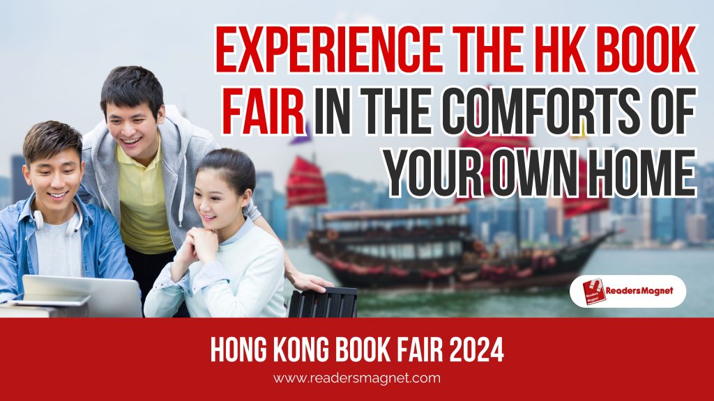 A graphic banner image with three people looking at a laptop, and the article title which says “Experience the HK Book Fair in the Comforts of Your Own Home"
