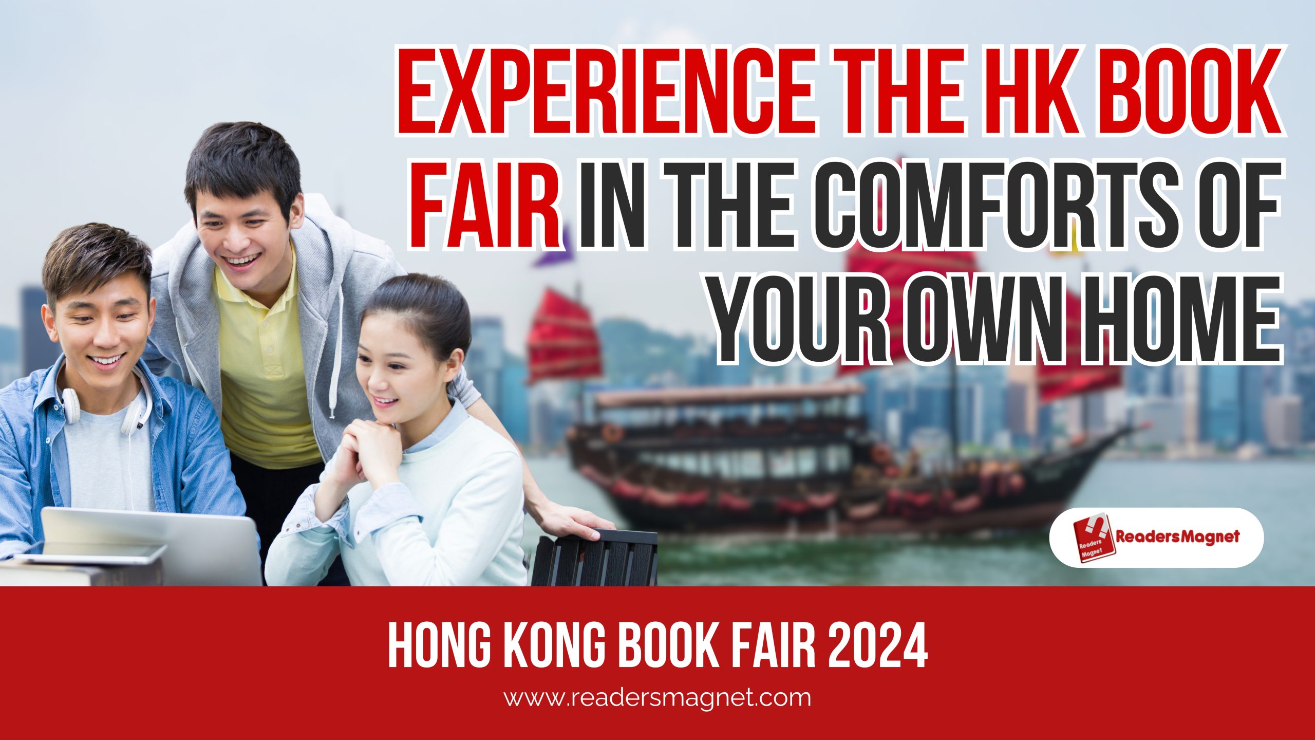 A graphic banner image with three people looking at a laptop, and the article title which says “Experience the HK Book Fair in the Comforts of Your Own Home"