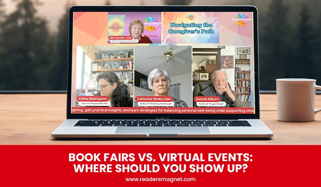 Laptop showing virtual author event.