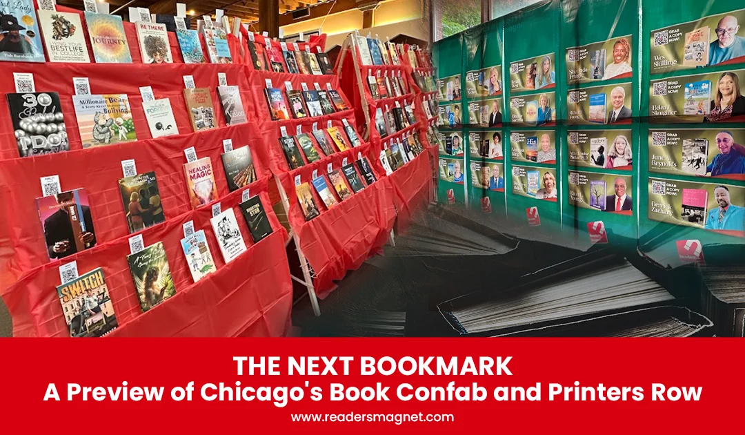 Book display racks, many titles.